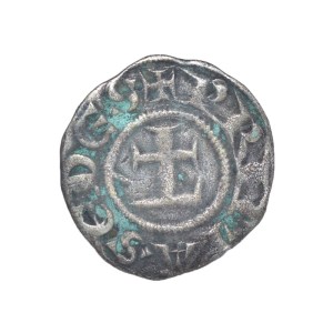 Très rare denier de l'archevêché de Lyon à l'annelet entre 2 points, XIII ème siècle.