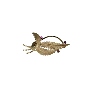 Broche or jaune en forme de plume sertie de 3 petits rubis